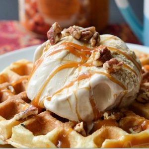 closeup of waffle with vanilla ice cream